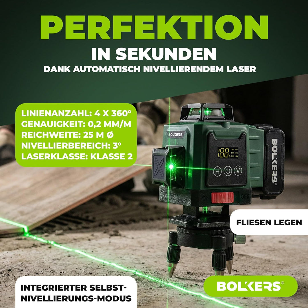 ProLaser 4x360° Kreuzlinienlaser mit Stativ – Grüner Selbstnivellierender Baulaser, 16 Linien, 2 Akk