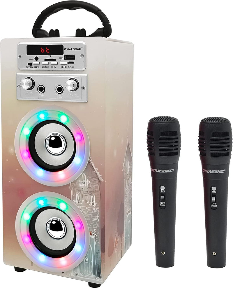 DYNASONIC Karaoke mit 2 Mikrofonen, tragbarer Karaoke-Maschine, Bluetooth-Lautsprecher, USB- und SD-