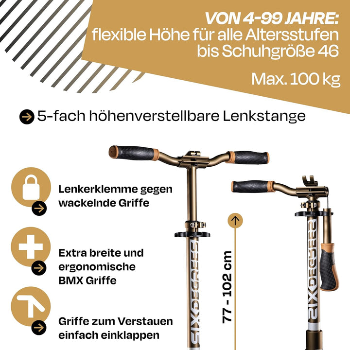 Six Degrees Aluminium Scooter mit Klappmechanismus, Ständer, 205 mm TESTSIEGER, ABEC 7, höhenverstel
