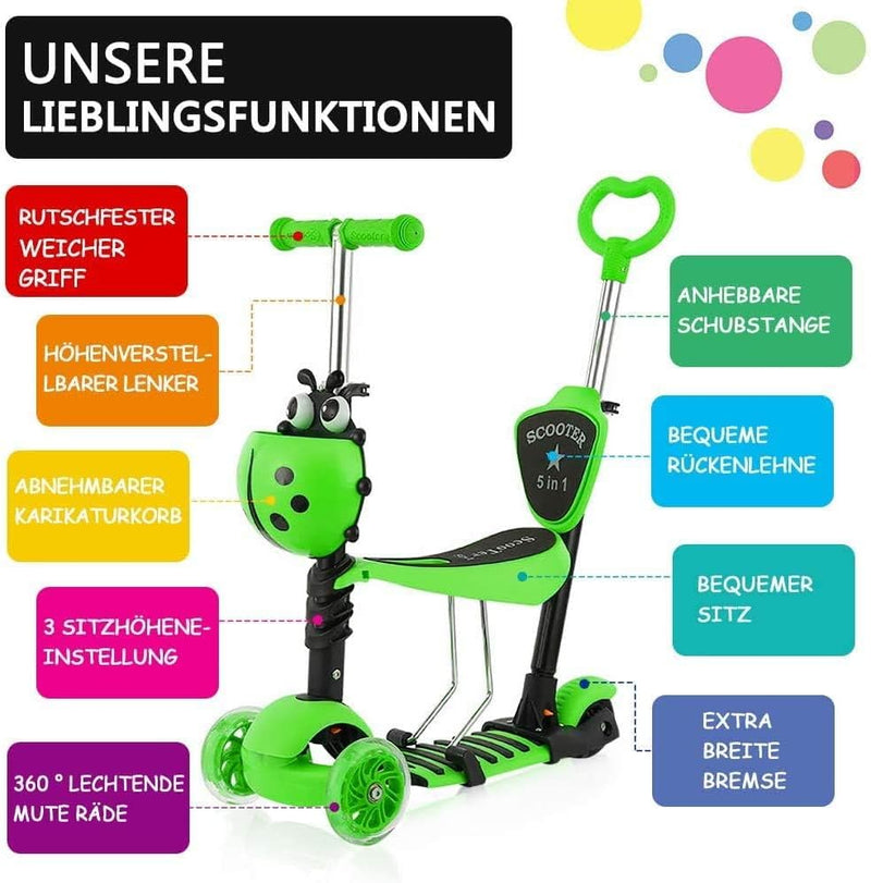 YOLEO 5-in-1 Kinder Roller Scooter mit Abnehmbarer Karikaturkorb Sitz Schubstange LED grosse Räder B