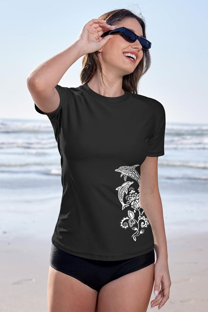 BesserBay Damen Rash Guard Shirt UPF 50+ Rundhals Kurzarm Schnelltrocknend Badeshirt S-XXL M 5 Schwa