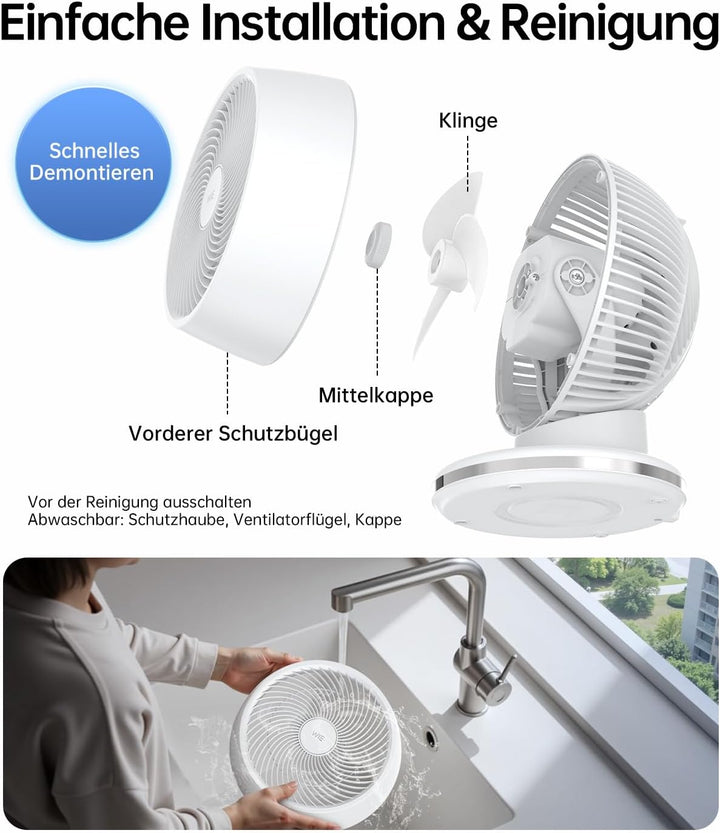 WIE Tischventilator Leiser 28dB, 4 Modi 12-Geschwindigkeit, 90° Oszillation Ventilator, Luftzirkulat