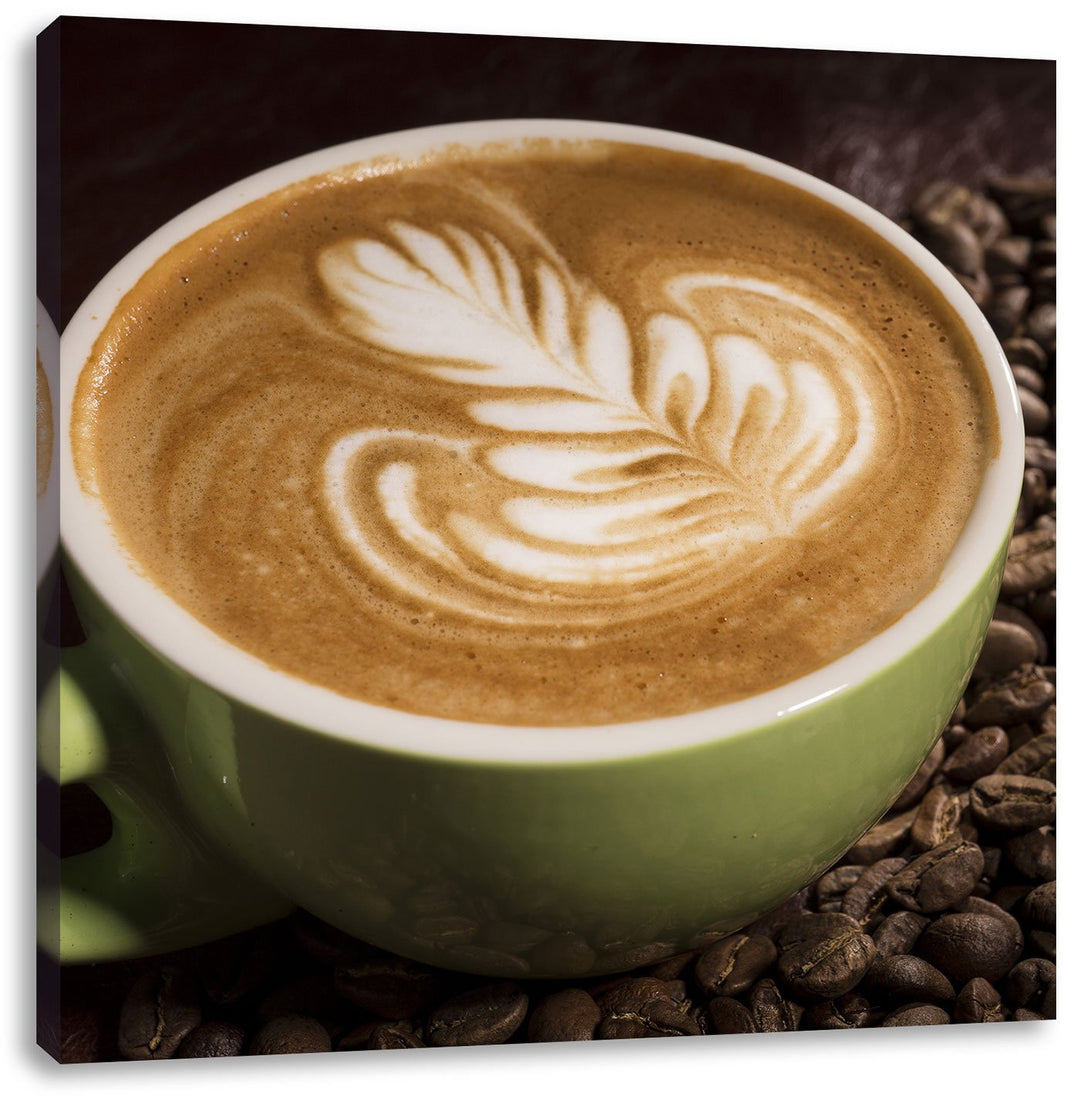 Pixxprint Cappucino zwischen Kaffeebohnen / 70x70cm Leinwandbild bespannt auf Holzrahmen/Wandbild Ku