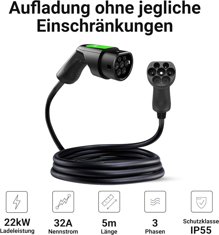 Green Cell® GC Typ 2 Ladekabel für EV Elektroautos PHEV | 22kW | 32A | Typ 2 auf Typ 2 | 5 Meter | 3