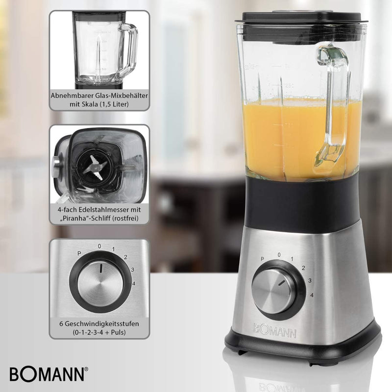 Bomann UM 1374 CB Universalmixer, 4-fach Edelstahlmesser mit „Piranha“-Schliff, Kraftvoller 650 Watt