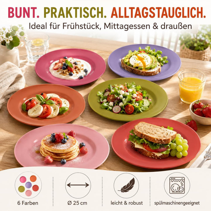ReWu Melamin Teller 6er Set bunt, Essteller 25 cm | Essteller, BPA-frei, Essteller