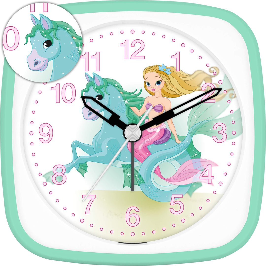 Eurotime Wecker für Mädchen mit Meerjungfrau Pferd, Mint Weiss, Kinderwecker, Kunststoffgehäuse und