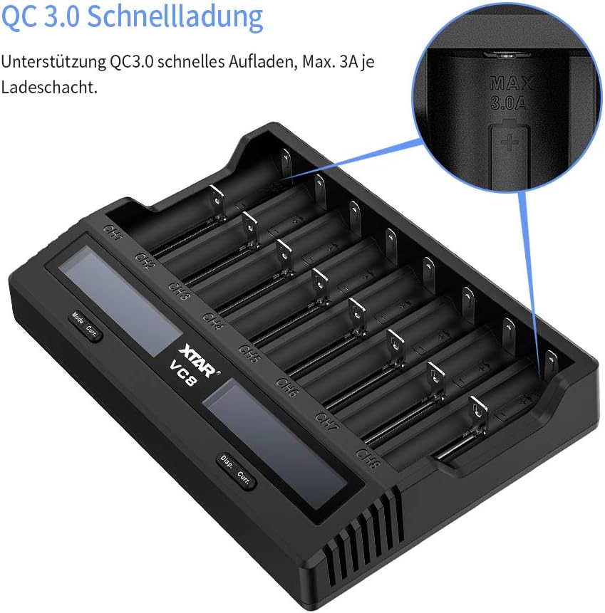 18650 Ladegerät 8 Einschübe XTAR VC8 21700 Ladegerät mit LCD-Anzeige für 3,6 V 3,7 V Li-Ion 10440 16