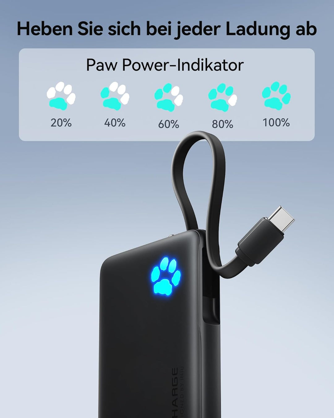 INIU Power Bank, Minigrösse 20W 10000mAh PowerBank mit Integriertem USB-C Kabel, PD3.0 QC4.0 USB C I