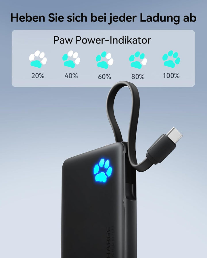 INIU Power Bank, Minigrösse 20W 10000mAh PowerBank mit Integriertem USB-C Kabel, PD3.0 QC4.0 USB C I