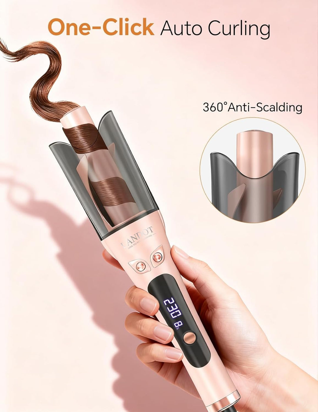 LANDOT 25mm Automatischer Rotierender Lockenstab - Für Beach Waves und Natürliche Locken, mit 8 Temp