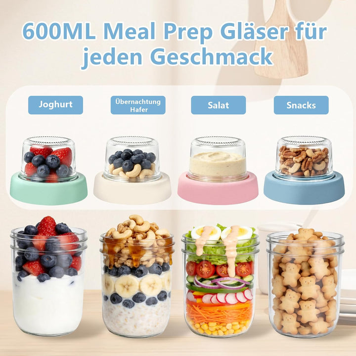 600ml Overnight Oats Gläser(480+120), 4 Pack Müslibecher to go - Doppelschicht Design,Trocken-Nass-T