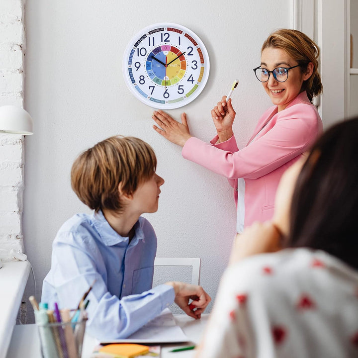 Lafocuse Lautlos Bunte Lernuhr für Kinder, Wanduhr für Jungen und Mädchen, Kinderwanduhr Ohne Ticken