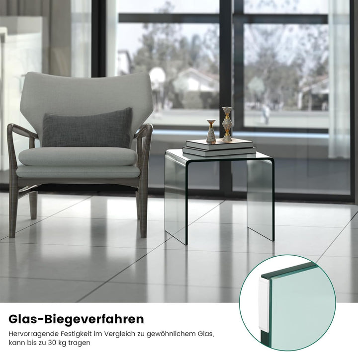 COSTWAY Beistelltisch Glas, Nachttisch U-förmig, transparenter Glastisch quadratisch, Wohnzimmertisc
