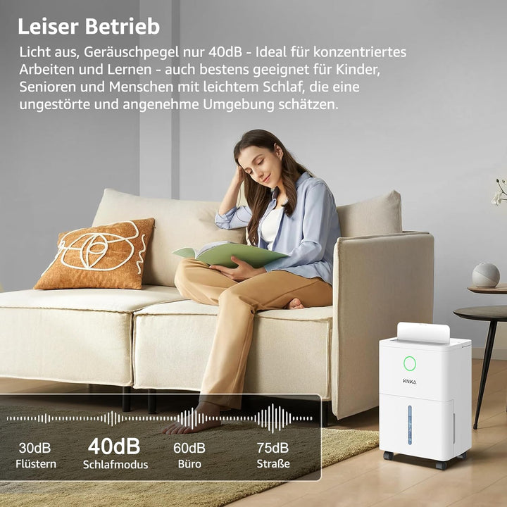 KNKA Luftentfeuchter, 9L/T, Leiser Luftentfeuchter Elektrisch, Raumentfeuchter mit Ablaufschlauch, A