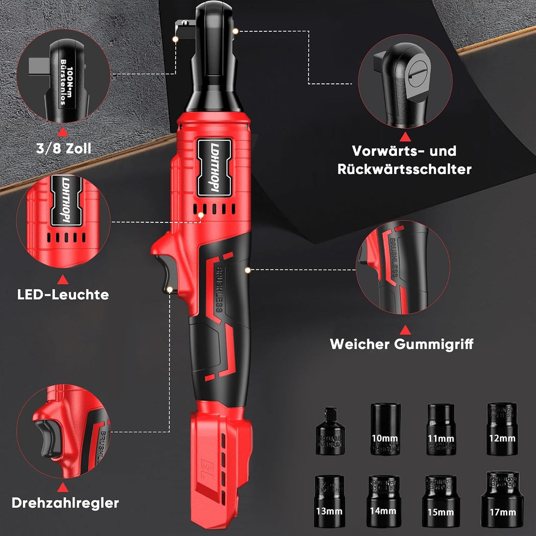 LDHTHOPI 3/8" Akku Ratsche 18V für Makita,MAX 100 Nm(75FT-LBS) Elektrische Ratsche mit LED-Licht,Rec