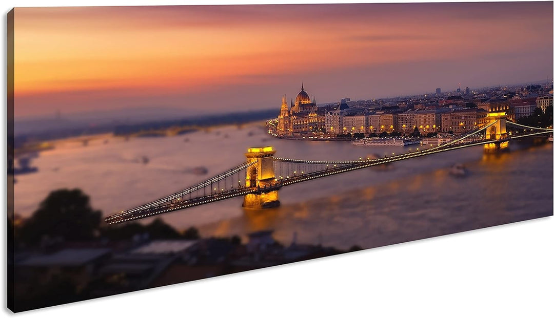 Budapest bei Abenddämmerung Panorama 80x40 cm als Leinwandbild, Motiv fertig gerahmt auf Echtholzrah