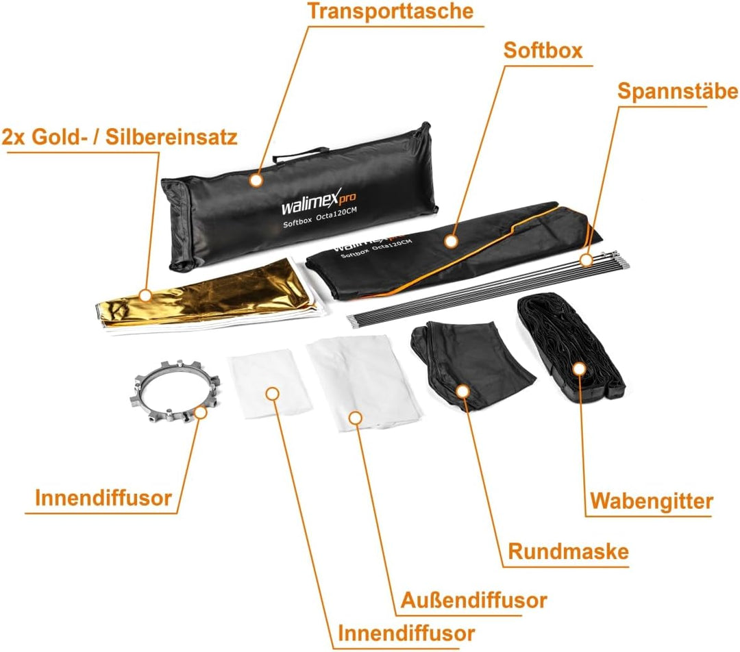 Walimex Pro Octagon Softbox PLUS Orange Line 120 cm Durchmesser für Elinchrom, Elinchrom