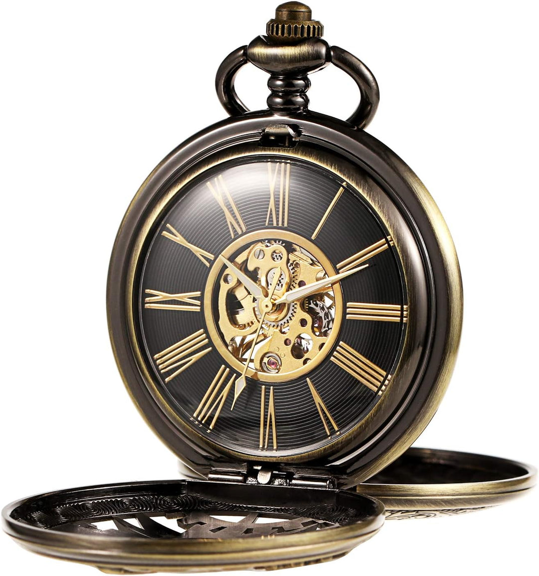 TREEWETO Unisex Taschenuhr mit Kette Analog Handaufzug Doppelscharnier Mechanisch Getriebe Skelett F