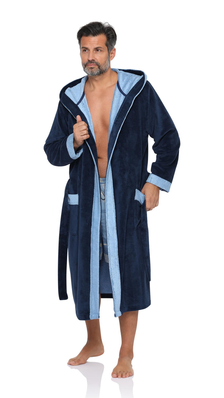 REVISE Herren Bademantel RE-855 - mit Bambus faser - mit Kapuze - Saunamantel Dunkelblau mit Blau 50