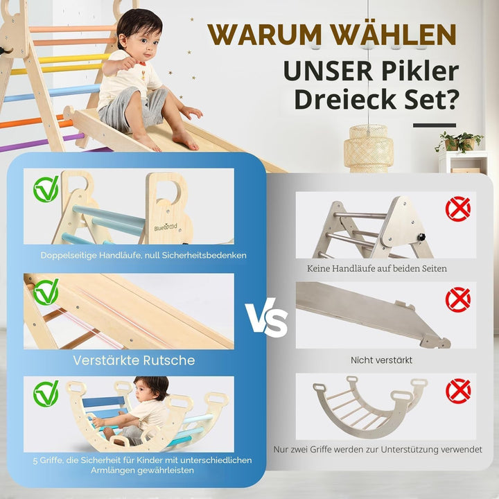 BlueWood 7-in-1 Montessori Kletterdreieck mit Kletterbogen und Rutsche, Holzdreieck für Kleinkinder,