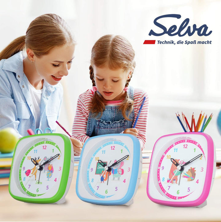 SELVA Quarzwecker für die Einschulung mit Eichhörnchen und Elefant Motiv blau/weiss. Schleichende Se