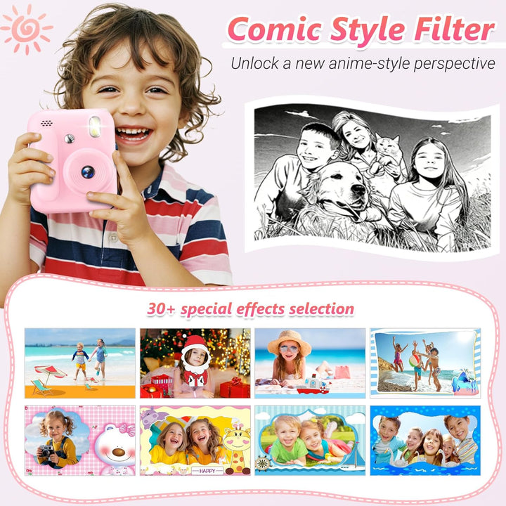 Sofortbildkamera für Kinder,1080P Kinderkamera mit 5 Rollen Druckpapier,32GB-Karte und Farbstiften,T