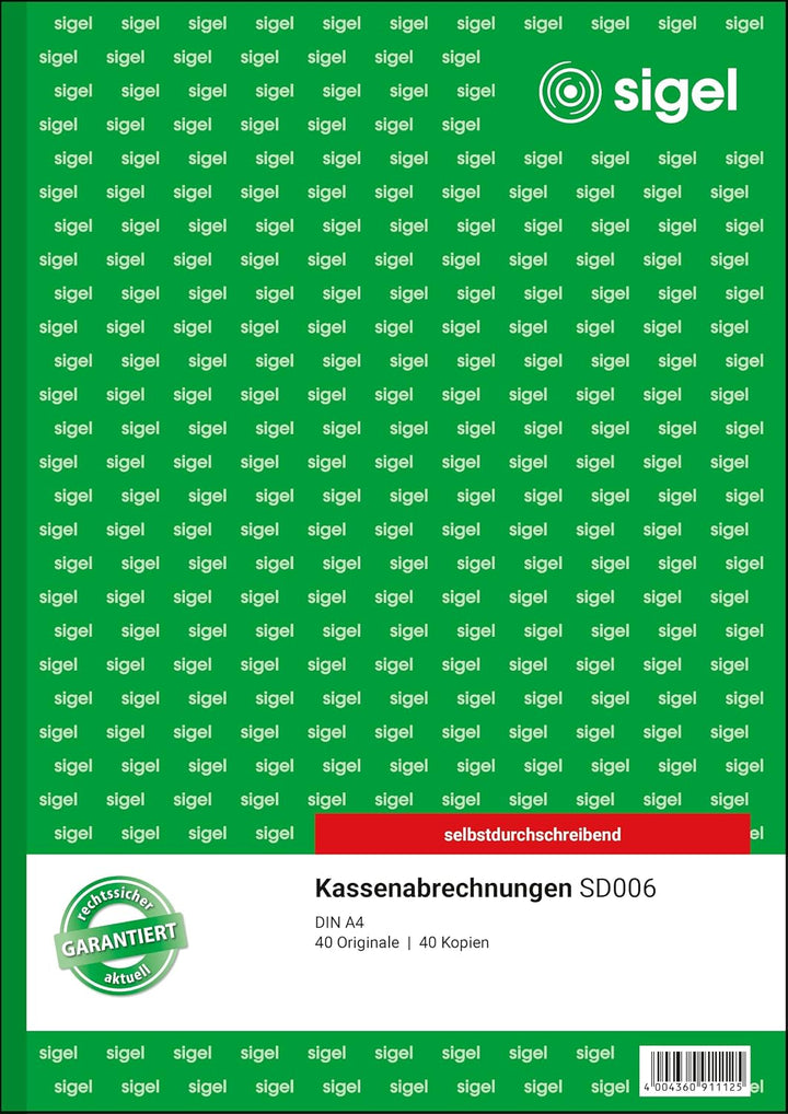 SIGEL SD006/5 Kassenabrechnungen A4, 2x40 Blatt, selbstdurchschreibend, 5er Pack 5 Stück, 5 Stück