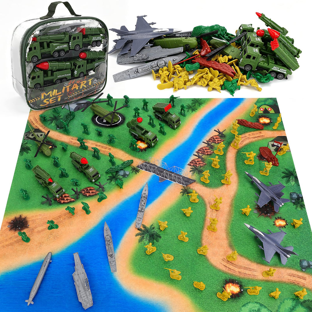 deAO Militär-Spielzeugset 78-teilig, Soldat Flugzeuge Schiffe Raketenwagen | 30 grüne + 30 gelbe Sol