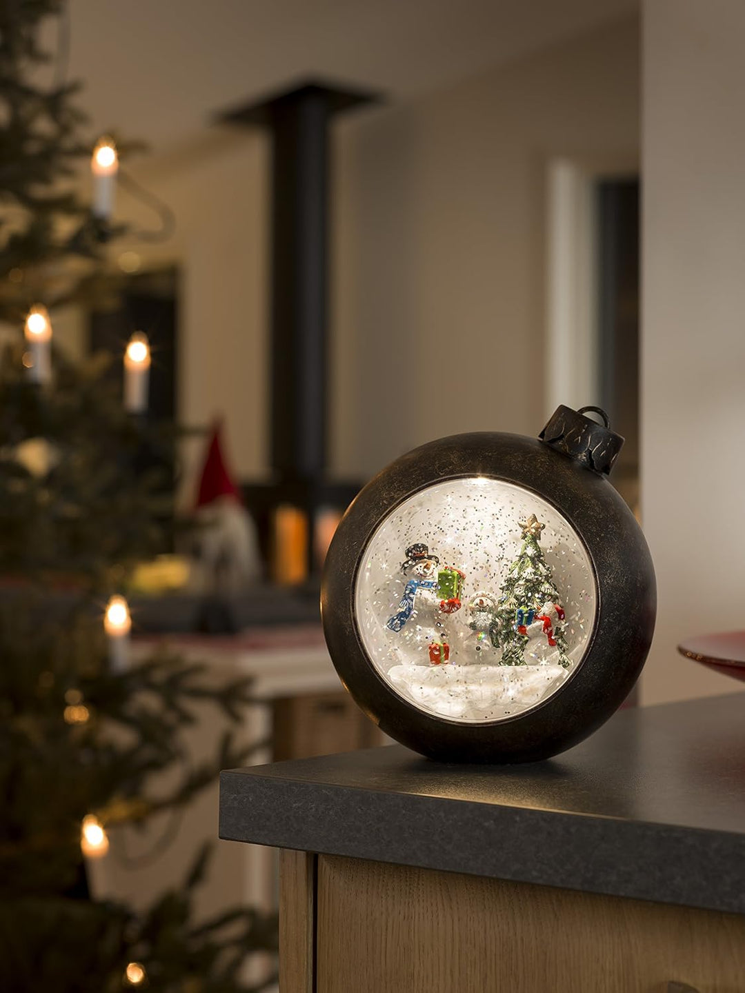 Konstsmide LED Weihnachtskugel Schneemänner, wassergefüllt, 5h Timer, warm weisse Diode, batteriebet