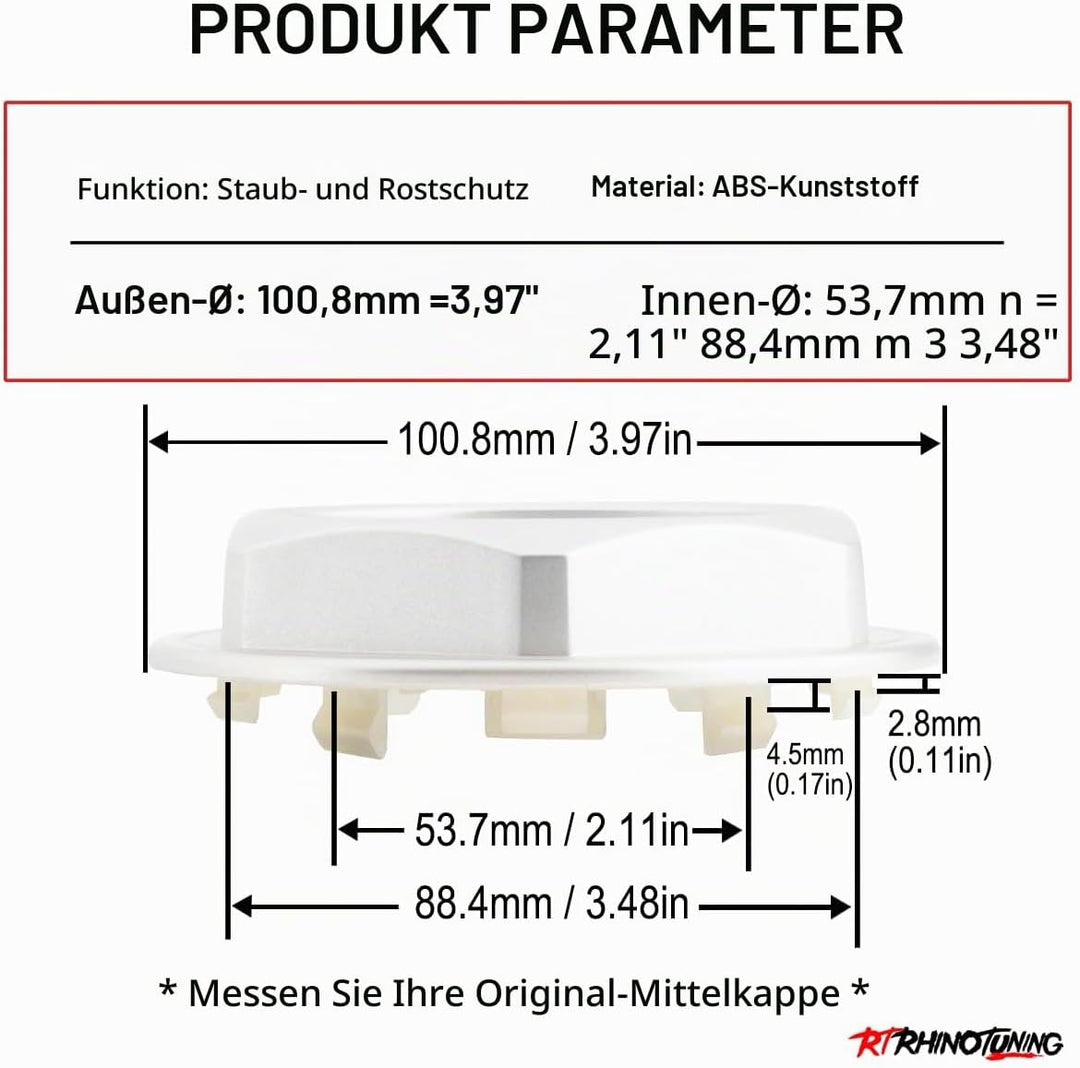 RhinoTuning 4 Stück Radnabenkappen für BBS Nabendeckel OD 100,8 mm ID 53,7 mm, Silber Radnabenabdeck