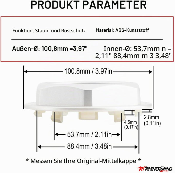 RhinoTuning 4 Stück Radnabenkappen für BBS Nabendeckel OD 100,8 mm ID 53,7 mm, Silber Radnabenabdeck