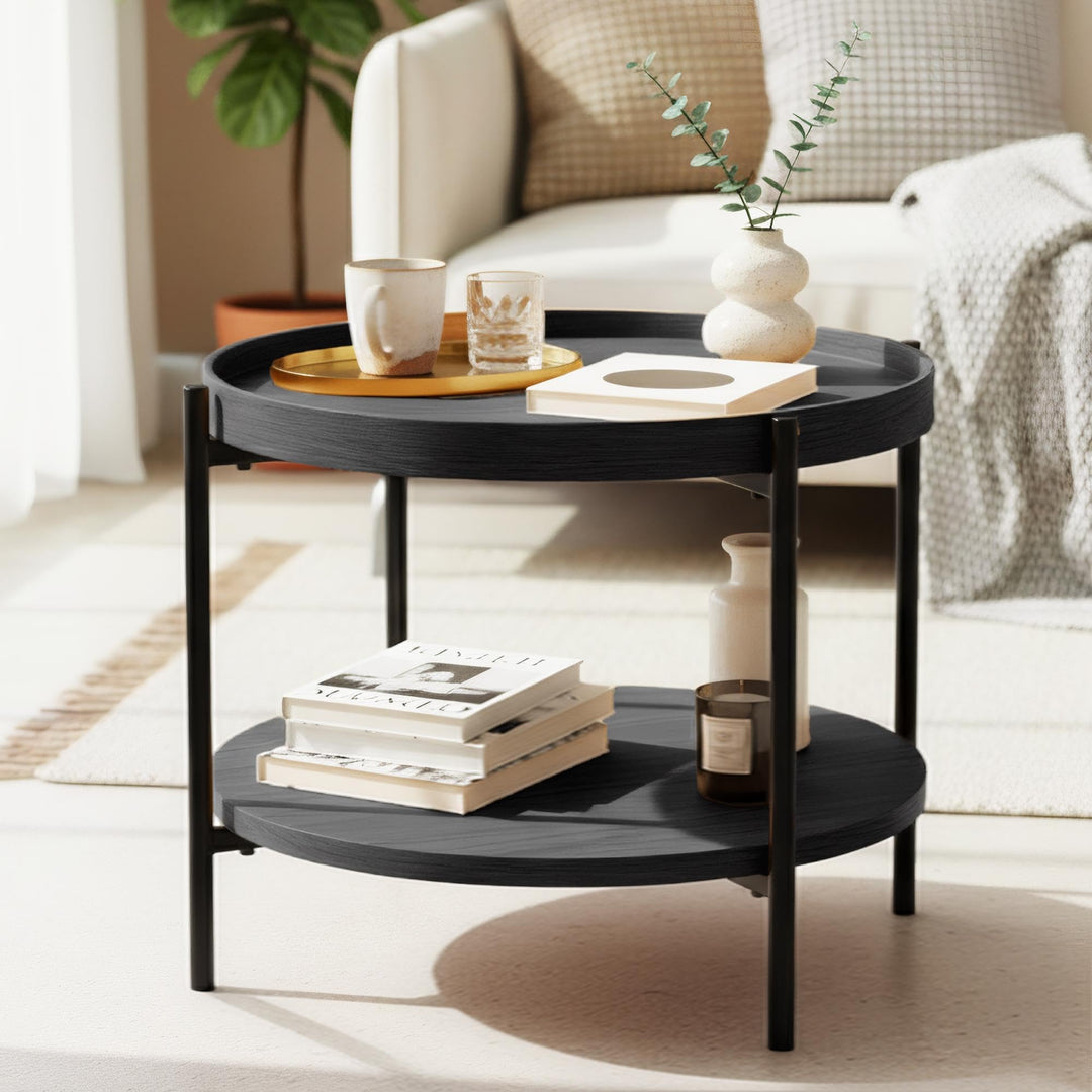 CLP Couchtisch rund Holz Corbitan, Sofatisch 2 Ebenen mit Stauraum, Beistelltisch klein Metallgestel