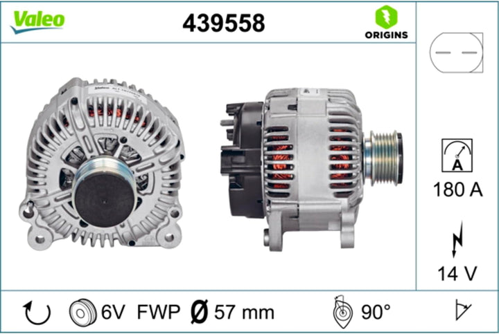 VALEO 439558 Generator Ladestrom des Generators: 180 Amp Rippen: 6 rippen Riemenscheibe Ø: 57,2 mm S