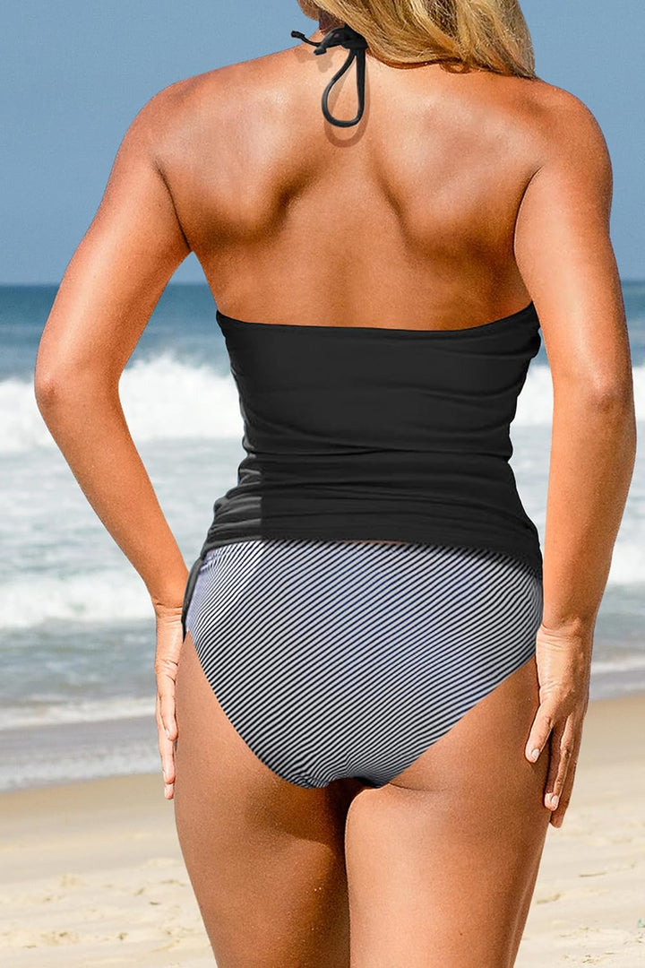 Beachsissi Damen Zweiteiler Badeanzüge Gepolsterter Kordelzug Seitliche Bademode Neckholder Leopard