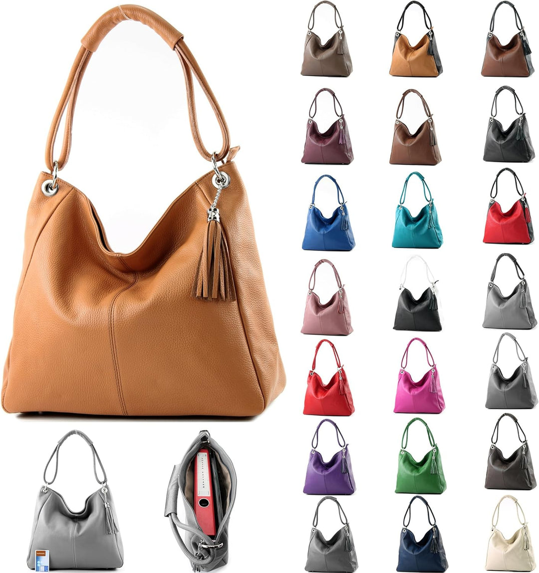 modamoda de - T165 - ital Schultertasche Gross Shopper Leder Graugrün, Graugrün