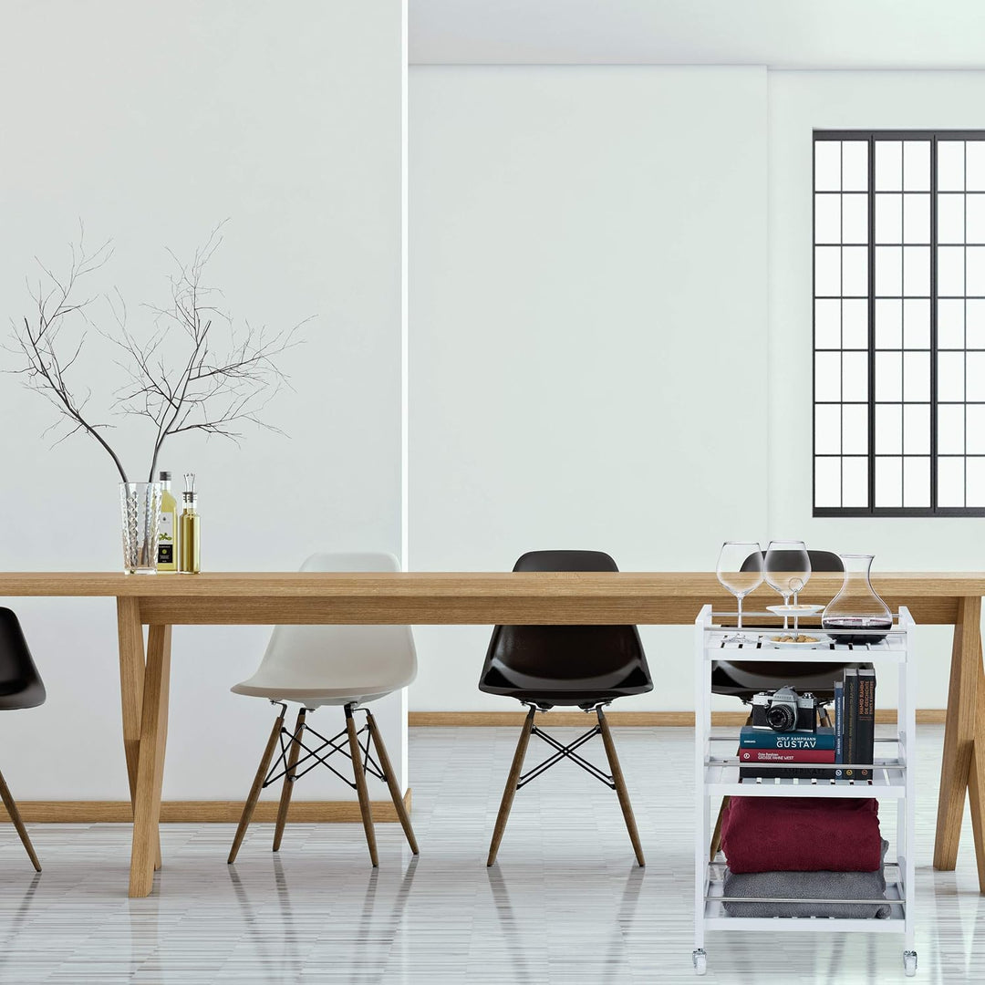 Relaxdays Servierwagen Bambus, 3 Ablagen, 360° drehbare Rollen, Edelstahl-Stangen, Küchenwagen, HBT: