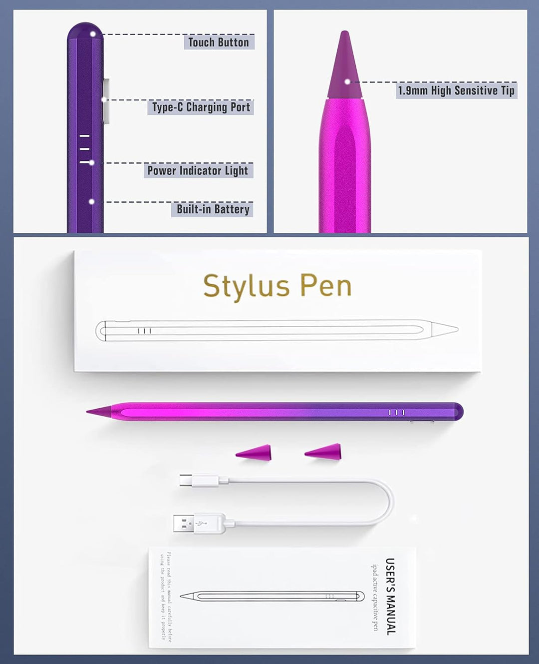 TiMOVO Stylus Pen für iPad 2nd Generation mit Palm Rejection für iPad Pro, Air, Mini, Lila Farbverla