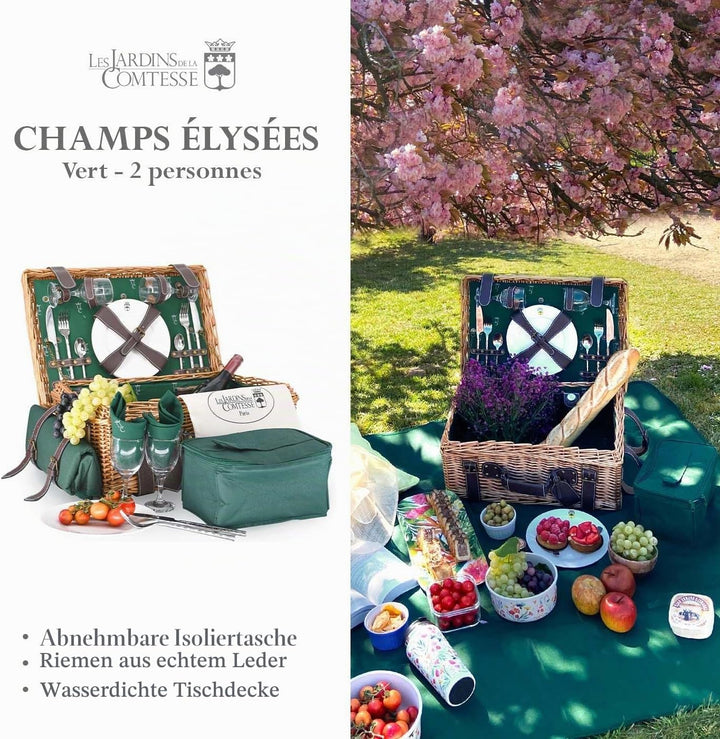 Les Jardins de la Comtesse - Picknickkorb Champs-Elysées aus Weidengeflecht und echtem Leder - Dunke