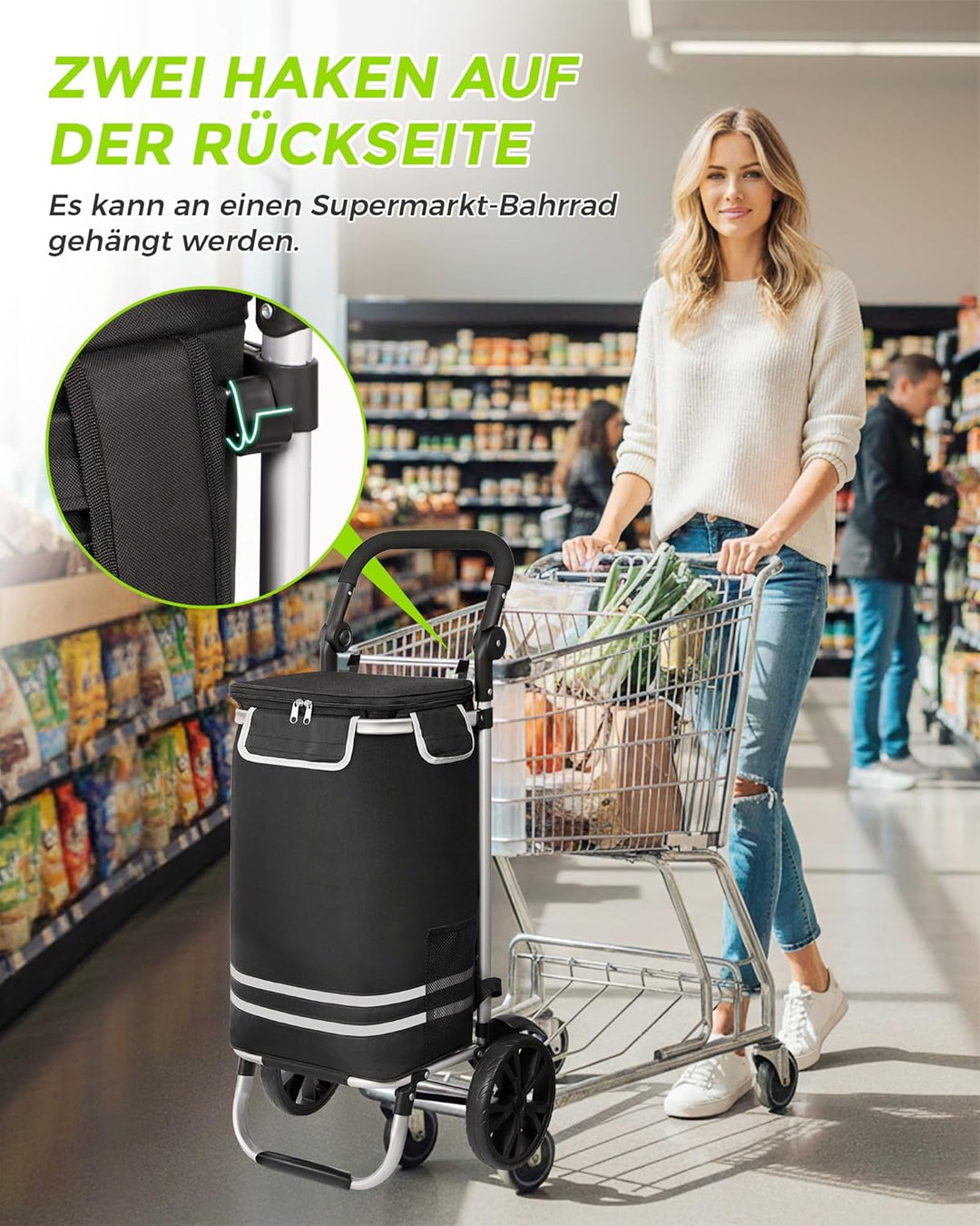 Oak & Tea Einkaufstrolley 3 IN 1 Klappbar, Leicht & Robust (50kg Traglast, 56L) mit 2 Rädern & Verst