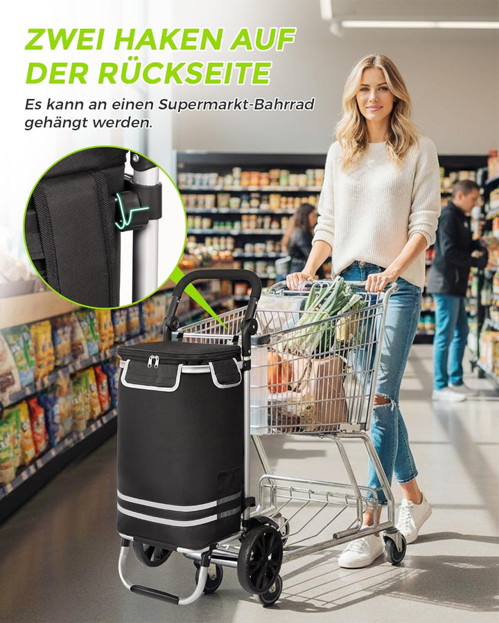 Oak & Tea Einkaufstrolley 3 IN 1 Klappbar, Leicht & Robust (50kg Traglast, 56L) mit 2 Rädern & Verst