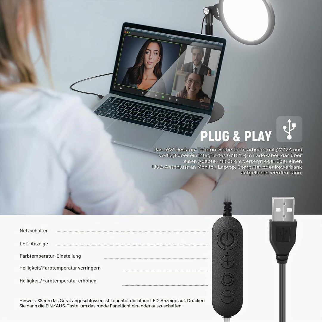 NEEWER Basic 7" Selfie Licht Set, Tisch Handy Ringleuchte, 10W 3000K-6500K Dimmbares Vollbild Ring L