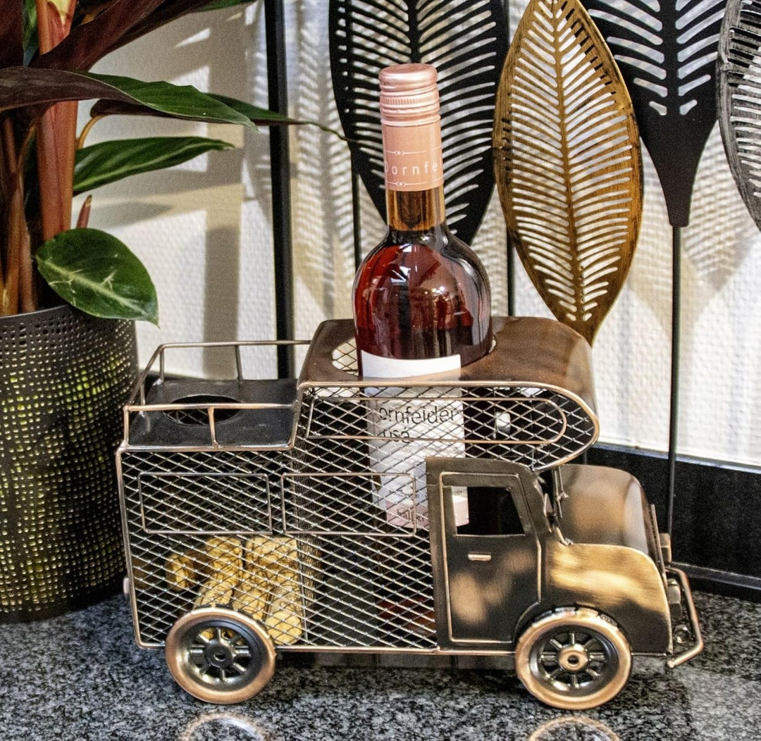 Flaschenhalter Wohnmobil Metall bronzefinish 32cm Weinflaschen Geschenkidee Dekoration