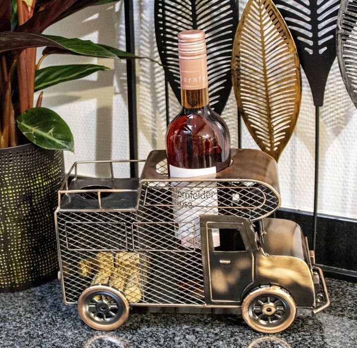 Flaschenhalter Wohnmobil Metall bronzefinish 32cm Weinflaschen Geschenkidee Dekoration