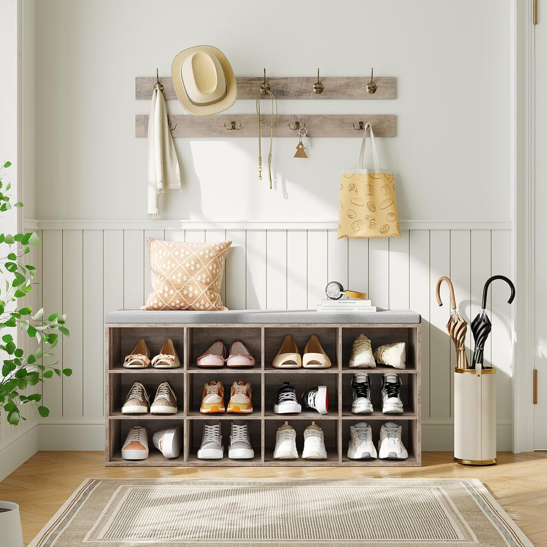 HOOBRO Garderobe Schuhregal Set, Schuhbank mit 12 Fächern, Schuhregal mit gepolsterter Sitzbank, Wan