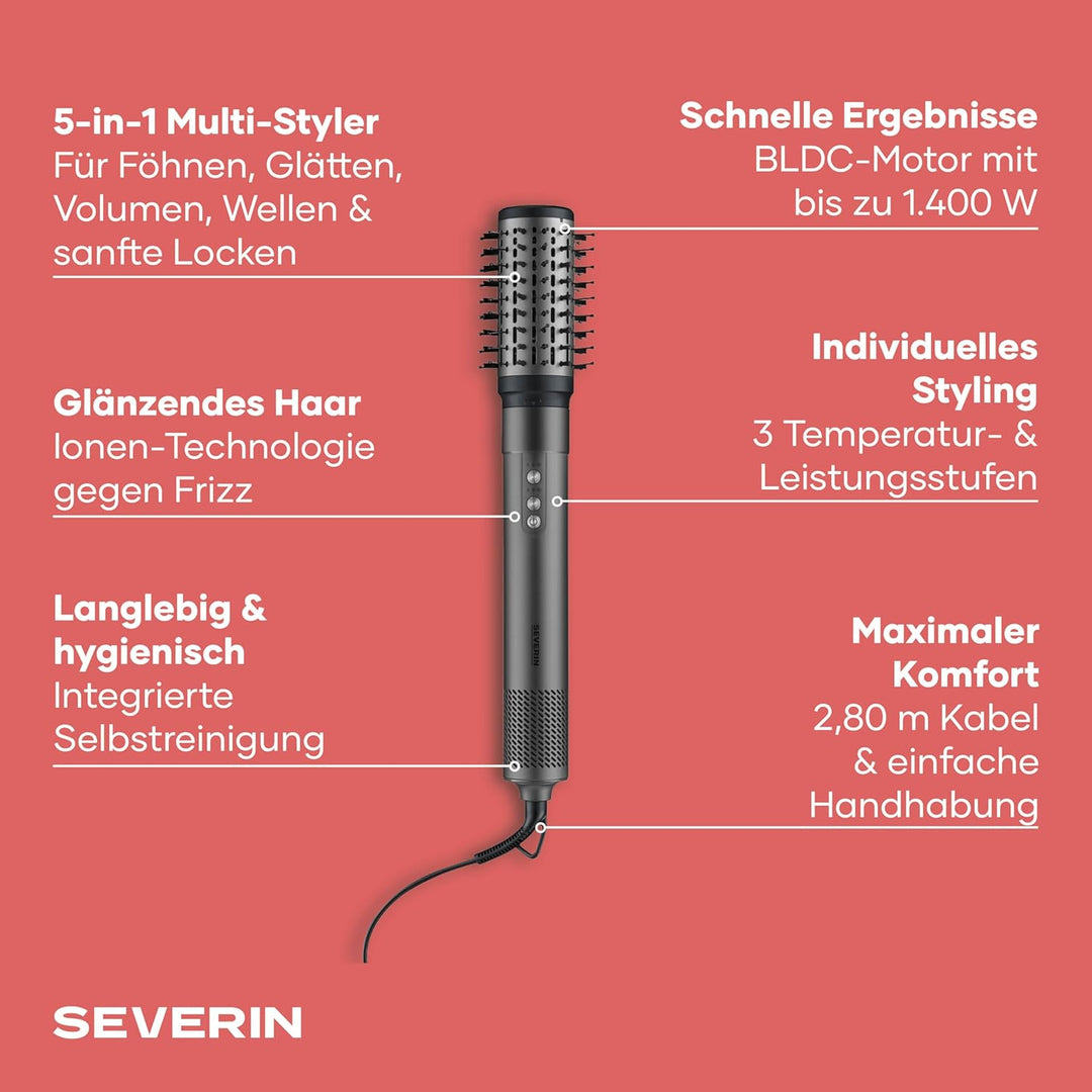 SEVERIN 5-in-1 Airstyler, Warmluft Hairstyler, Ionen Föhn, Stylingbürste mit Airflow Technologie, fü
