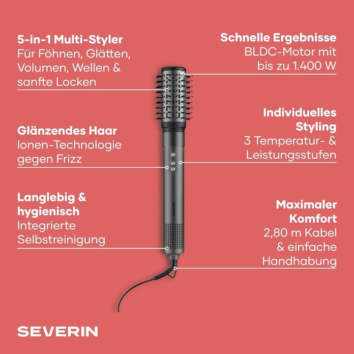 SEVERIN 5-in-1 Airstyler, Warmluft Hairstyler, Ionen Föhn, Stylingbürste mit Airflow Technologie, fü
