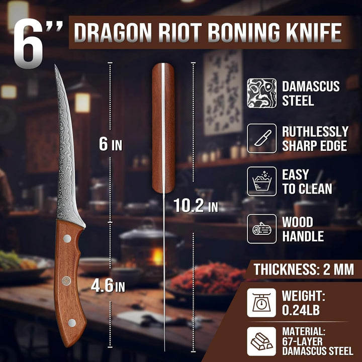 DRAGON RIOT Ausbeinmesser profi, Fleischmesser extrem Scharf Damastmesser mit Ergonomischer Griff, D