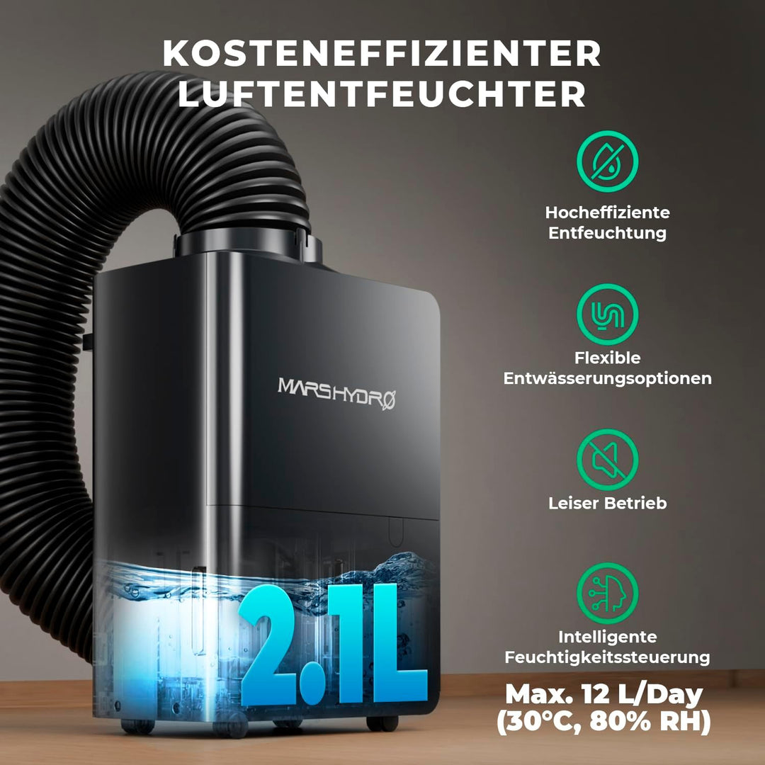 MARS HYDRO Luftentfeuchter, 12L/Tag, Wassertank 1.2L | Automatische Abtauung, Timer Funktion, Für Gr