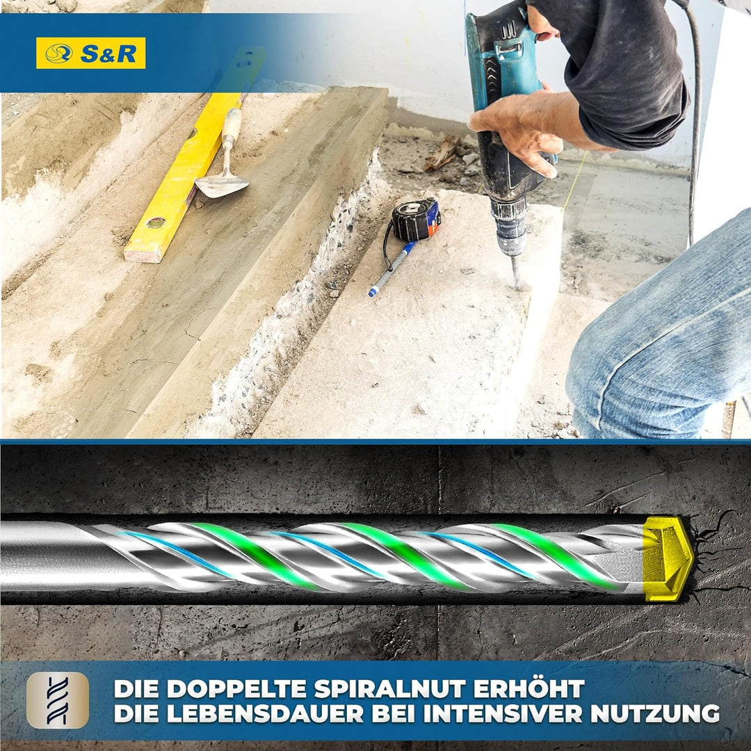 S&R Hammerbohrer, Steinbohrer/Betonbohrer SDS-Plus, Set 7-tlg (4-12mm) für Bohrhammer. Mit 2-Kant-Ho